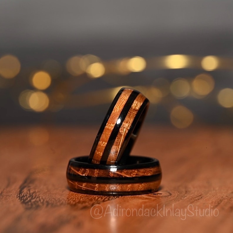 8mm Double Channel Black Tungsten Band, Whisky Wood Band, Whisky Barrel ring, Whisky Ring, Wood Inlay ring, wood band, Mens Ring, Womans Ring, Wood Wedding Band - Premium Custom Jewelry from Adirondack Inlay Studio LLC - Just $119! Shop now at Adirondack Inlay Studio LLC