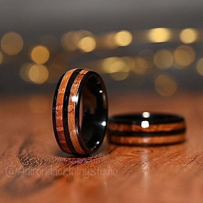 8mm Double Channel Black Tungsten Band, Whisky Wood Band, Whisky Barrel ring, Whisky Ring, Wood Inlay ring, wood band, Mens Ring, Womans Ring, Wood Wedding Band - Premium Custom Jewelry from Adirondack Inlay Studio LLC - Just $119! Shop now at Adirondack Inlay Studio LLC