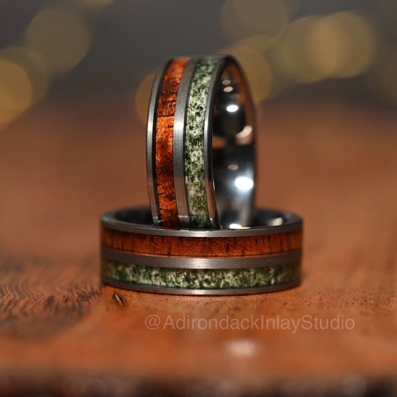 8mm Double Channel Tungsten Band, Moss Agate and Wood Band, Moss Agate ring, Wood Ring, Gemstone Inlay ring, Wood band, Mens Ring, Womans Ring, Wedding Band - Premium Custom Jewelry from Adirondack Inlay Studio LLC - Just $119! Shop now at Adirondack Inlay Studio LLC