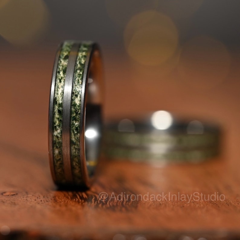 6mm Double Channel Tungsten Band, Moss Agate Band, Moss Agate ring, Agate Ring, Gemstone Inlay ring, Agate band, Mens Ring, Womans Ring, Wedding Band - Premium Custom Jewelry from Adirondack Inlay Studio LLC - Just $119! Shop now at Adirondack Inlay Studio LLC