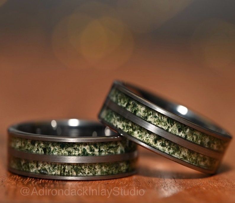 8mm Double Channel Tungsten Band, Moss Agate Band, Moss Agate ring, Agate Ring, Gemstone Inlay ring, Agate band, Mens Ring, Womans Ring, Wedding Band - Premium Custom Jewelry from Adirondack Inlay Studio LLC - Just $119! Shop now at Adirondack Inlay Studio LLC