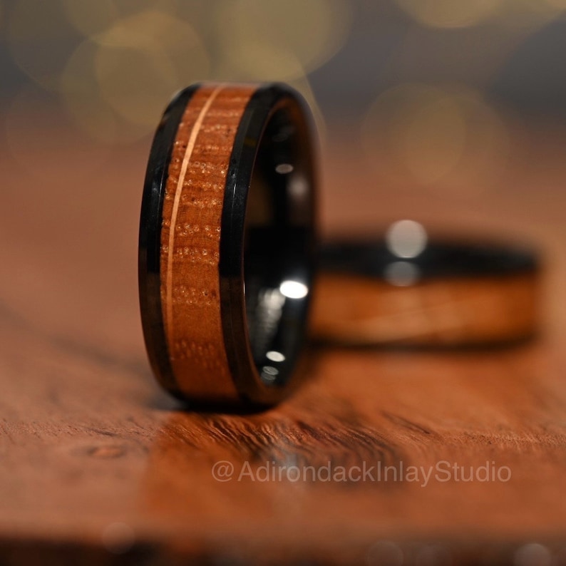 8mm Black Tungsten Band, Whisky Wood Band, Whisky Barrel ring, Whisky Stave Band, Wood Inlay ring, wood band, Mens wood ring, Womans wood Ring, Wood Wedding Band - Premium Custom Jewelry from Adirondack Inlay Studio LLC - Just $119! Shop now at Adirondack Inlay Studio LLC