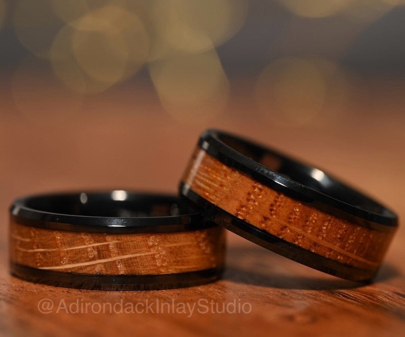 8mm Black Tungsten Band, Whisky Wood Band, Whisky Barrel ring, Whisky Stave Band, Wood Inlay ring, wood band, Mens wood ring, Womans wood Ring, Wood Wedding Band - Premium Custom Jewelry from Adirondack Inlay Studio LLC - Just $119! Shop now at Adirondack Inlay Studio LLC