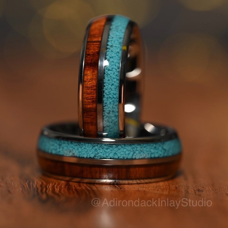 8mm Wood and Turquoise Ring, wood wedding band, Turquoise Band, Nature inspired ring, mens promise ring, Mens Wood Ring, nature wedding ring - Premium Custom Jewelry from Adirondack Inlay Studio LLC - Just $119! Shop now at Adirondack Inlay Studio LLC