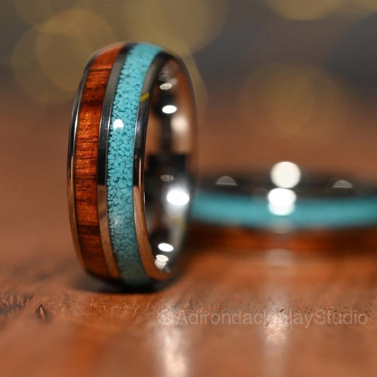 8mm Wood and Turquoise Ring, wood wedding band, Turquoise Band, Nature inspired ring, mens promise ring, Mens Wood Ring, nature wedding ring - Premium Custom Jewelry from Adirondack Inlay Studio LLC - Just $119! Shop now at Adirondack Inlay Studio LLC