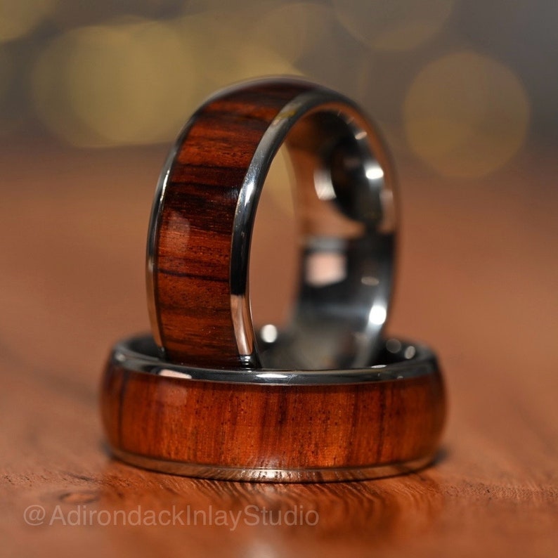 8mm Rounded Tungsten Band, Koa Wood ring, Wood Inlay ring, wood band, nature inspired ring, Mens wood ring, Womans wood Ring, Wood Wedding Band - Premium Custom Jewelry from Adirondack Inlay Studio LLC - Just $119! Shop now at Adirondack Inlay Studio LLC