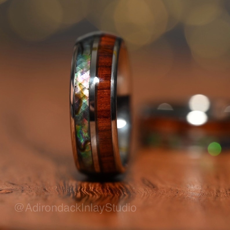 8mm Wood and Abalone Ring, Abalone ring, Wood Wedding Ring, Mens promise ring, Mens Wood Ring, nature wedding ring, Mens engagement ring - Premium Custom Jewelry from Adirondack Inlay Studio LLC - Just $119! Shop now at Adirondack Inlay Studio LLC