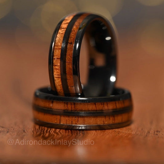 8mm Double Channel Black Zirconia Band,  Koa Wood ring, Wood Inlay ring, Wood Band, Nature Inspired Ring, Wood Mens ring, Wood Womans Ring, Wood Wedding Band - Premium Custom Jewelry from Adirondack Inlay Studio LLC - Just $119! Shop now at Adirondack Inlay Studio LLC