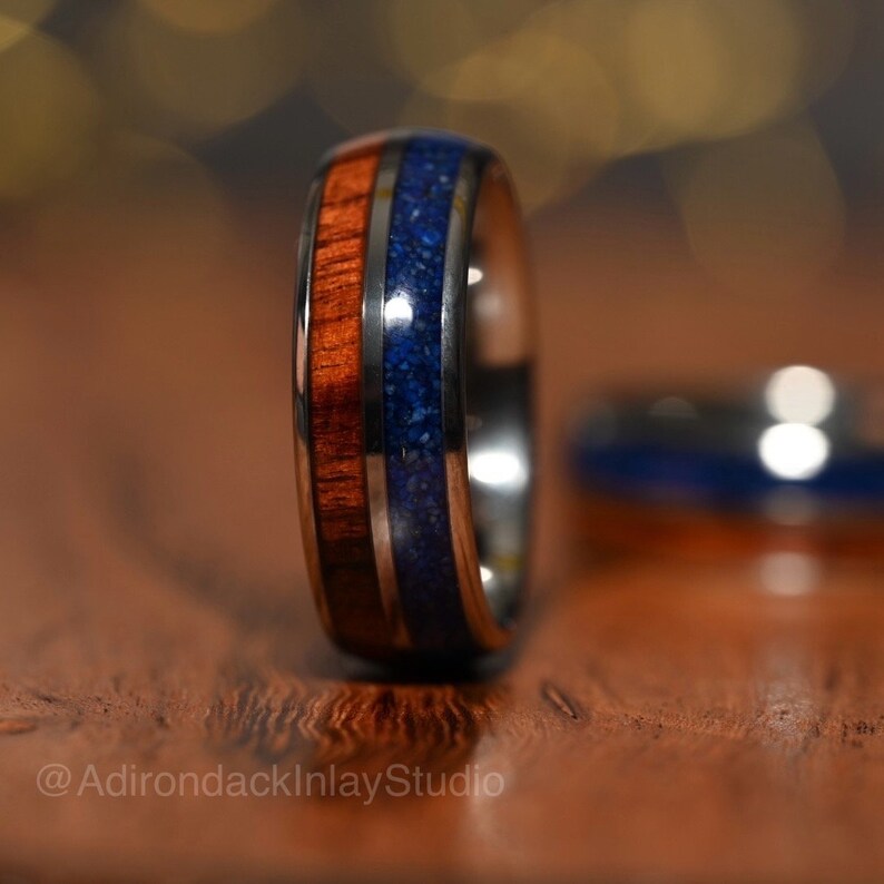 8mm Double Channel Tungsten Band, Lapis Lazuli and Wood Band, Lapis Lazuli ring, Wood Ring, Gemstone Inlay ring, Wood band, Mens Ring, Womans Ring, Wedding Band - Premium Custom Jewelry from Adirondack Inlay Studio LLC - Just $119! Shop now at Adirondack Inlay Studio LLC