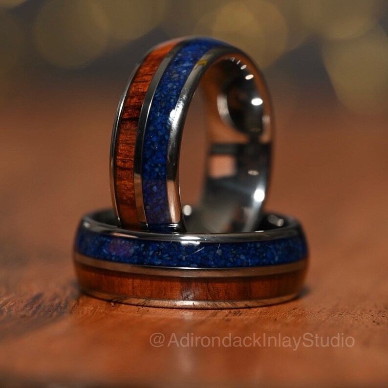8mm Double Channel Tungsten Band, Lapis Lazuli and Wood Band, Lapis Lazuli ring, Wood Ring, Gemstone Inlay ring, Wood band, Mens Ring, Womans Ring, Wedding Band - Premium Custom Jewelry from Adirondack Inlay Studio LLC - Just $119! Shop now at Adirondack Inlay Studio LLC