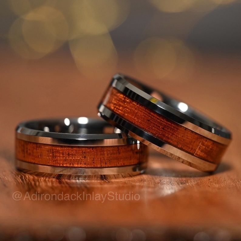 8mm Tungsten Band, Koa Wood ring, Wood Inlay ring, wood band, nature inspired ring, Mens wood ring, Womans wood Ring, Wood Wedding Band - Premium Custom Jewelry from Adirondack Inlay Studio LLC - Just $119! Shop now at Adirondack Inlay Studio LLC