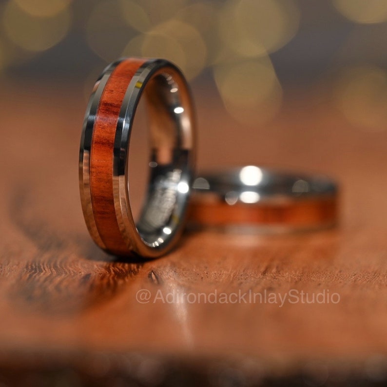 6mm Tungsten Band, Koa Wood ring, Wood Inlay ring, wood band, nature inspired ring, Mens Wood Ring, Womans Wood Ring, Alternative Wedding Band - Premium Custom Jewelry from Adirondack Inlay Studio LLC - Just $119! Shop now at Adirondack Inlay Studio LLC