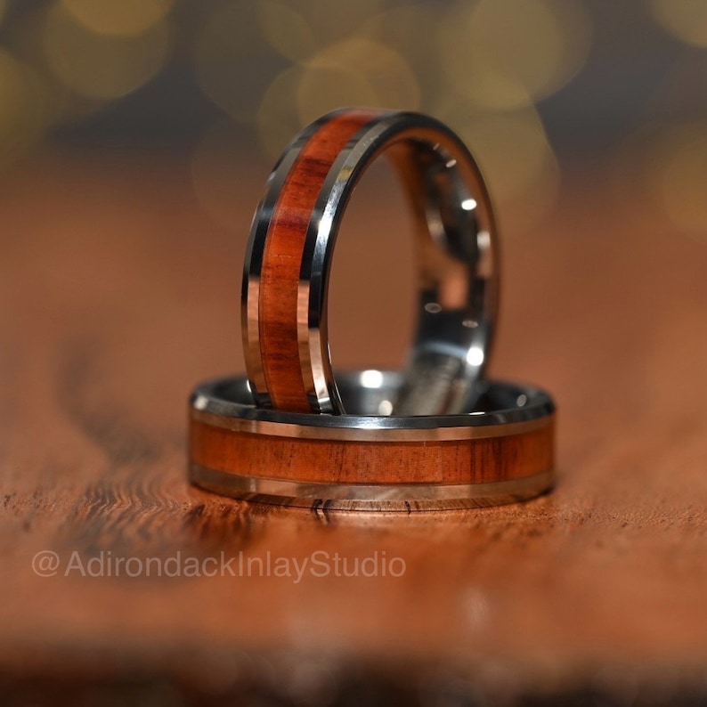 6mm Tungsten Band, Koa Wood ring, Wood Inlay ring, wood band, nature inspired ring, Mens Wood Ring, Womans Wood Ring, Alternative Wedding Band - Premium Custom Jewelry from Adirondack Inlay Studio LLC - Just $119! Shop now at Adirondack Inlay Studio LLC