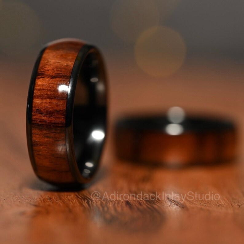 8mm Rounded Black Tungsten Band, Koa Wood ring, Wood Inlay ring, wood band, nature inspired ring, Mens wood ring, Womans wood Ring, Alternative Wedding Ring - Premium Custom Jewelry from Adirondack Inlay Studio LLC - Just $119! Shop now at Adirondack Inlay Studio LLC