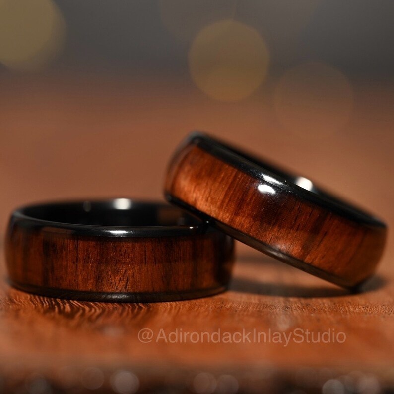 8mm Rounded Black Tungsten Band, Koa Wood ring, Wood Inlay ring, wood band, nature inspired ring, Mens wood ring, Womans wood Ring, Alternative Wedding Ring - Premium Custom Jewelry from Adirondack Inlay Studio LLC - Just $119! Shop now at Adirondack Inlay Studio LLC