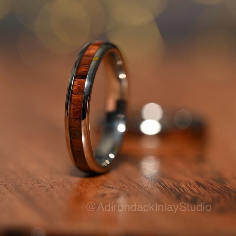 4mm Tungsten Ring, Koa Wood ring, Wood Inlay ring, wood band, nature inspired ring, Mens Wood Ring, Womans Wood Ring, Nature Wedding Band - Premium Custom Jewelry from Adirondack Inlay Studio LLC - Just $119! Shop now at Adirondack Inlay Studio LLC