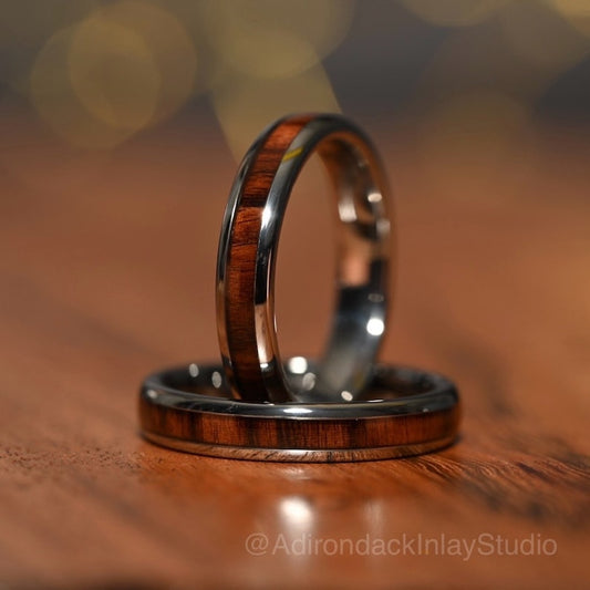 4mm Tungsten Ring, Koa Wood ring, Wood Inlay ring, wood band, nature inspired ring, Mens Wood Ring, Womans Wood Ring, Nature Wedding Band - Premium Custom Jewelry from Adirondack Inlay Studio LLC - Just $119! Shop now at Adirondack Inlay Studio LLC