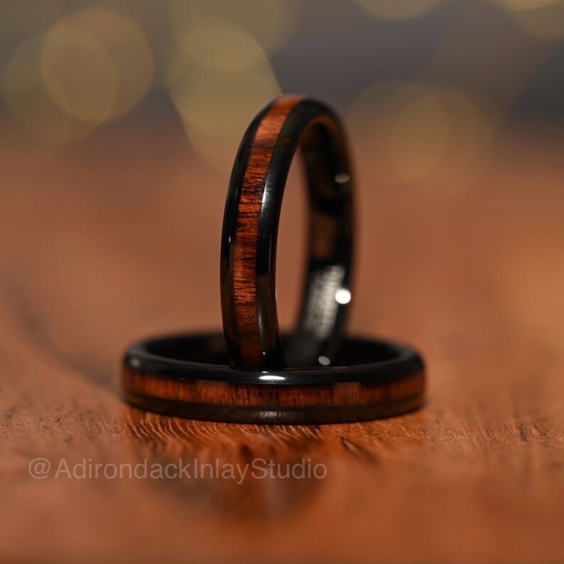 4mm Black Tungsten Ring, Koa Wood ring, Wood Inlay ring, wood band, nature inspired ring, Mens Wood Ring, Womans Wood Ring, Alternative Wedding Band - Premium Custom Jewelry from Adirondack Inlay Studio LLC - Just $119! Shop now at Adirondack Inlay Studio LLC