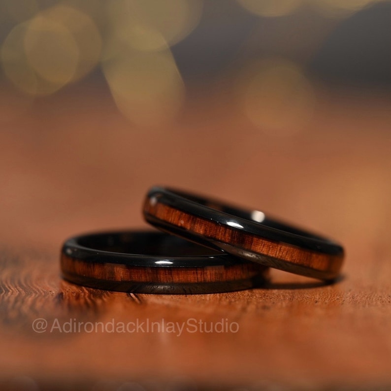 4mm Black Tungsten Ring, Koa Wood ring, Wood Inlay ring, wood band, nature inspired ring, Mens Wood Ring, Womans Wood Ring, Alternative Wedding Band - Premium Custom Jewelry from Adirondack Inlay Studio LLC - Just $119! Shop now at Adirondack Inlay Studio LLC