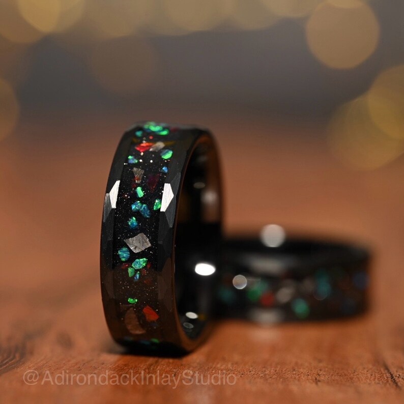 8mm Meteorite Ring, Galaxy ring, nebula ring, Fire Opal ring, black tungsten ring, mens ring, promise ring, wedding Ring, womans ring - Premium Custom Jewelry from Adirondack Inlay Studio LLC - Just $119! Shop now at Adirondack Inlay Studio LLC