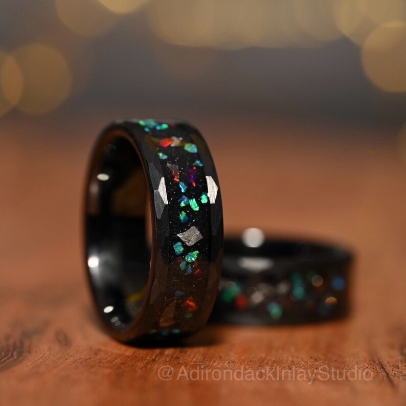 8mm Meteorite Ring, Galaxy ring, nebula ring, Fire Opal ring, black tungsten ring, mens ring, promise ring, wedding Ring, womans ring - Premium Custom Jewelry from Adirondack Inlay Studio LLC - Just $119! Shop now at Adirondack Inlay Studio LLC