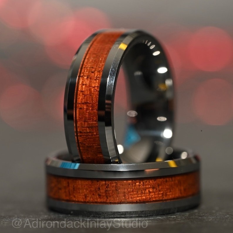 8mm Tungsten Band, Koa Wood ring, Wood Inlay ring, wood band, nature inspired ring, Mens wood ring, Womans wood Ring, Wood Wedding Band - Premium Custom Jewelry from Adirondack Inlay Studio LLC - Just $119! Shop now at Adirondack Inlay Studio LLC