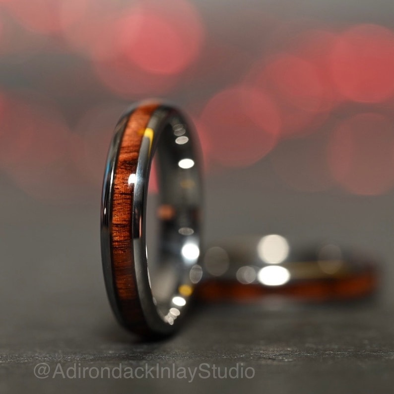 4mm Tungsten Ring, Koa Wood ring, Wood Inlay ring, wood band, nature inspired ring, Mens Wood Ring, Womans Wood Ring, Nature Wedding Band - Premium Custom Jewelry from Adirondack Inlay Studio LLC - Just $119! Shop now at Adirondack Inlay Studio LLC