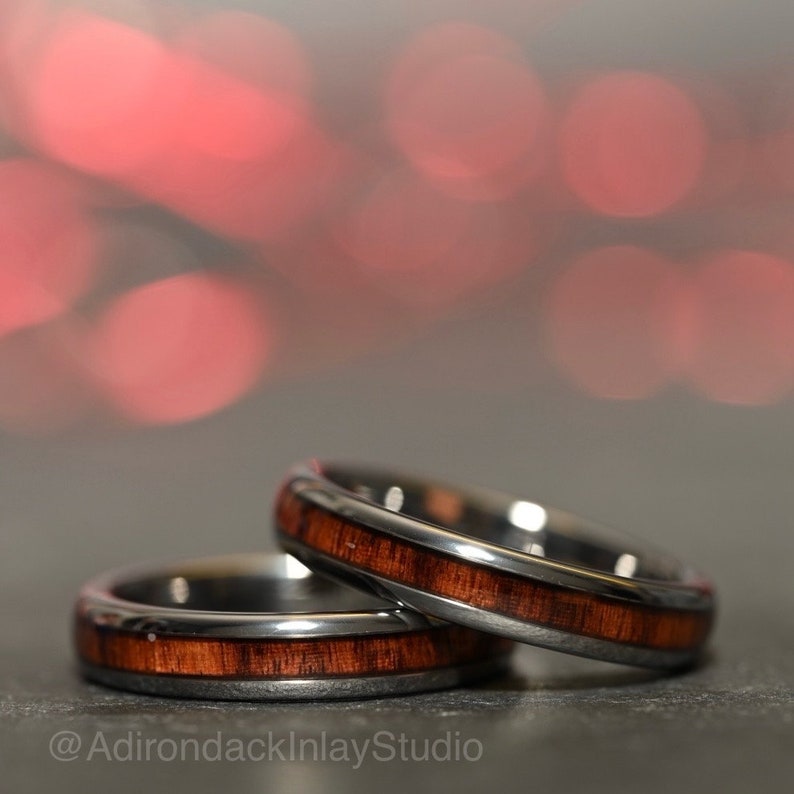 4mm Tungsten Ring, Koa Wood ring, Wood Inlay ring, wood band, nature inspired ring, Mens Wood Ring, Womans Wood Ring, Nature Wedding Band - Premium Custom Jewelry from Adirondack Inlay Studio LLC - Just $119! Shop now at Adirondack Inlay Studio LLC