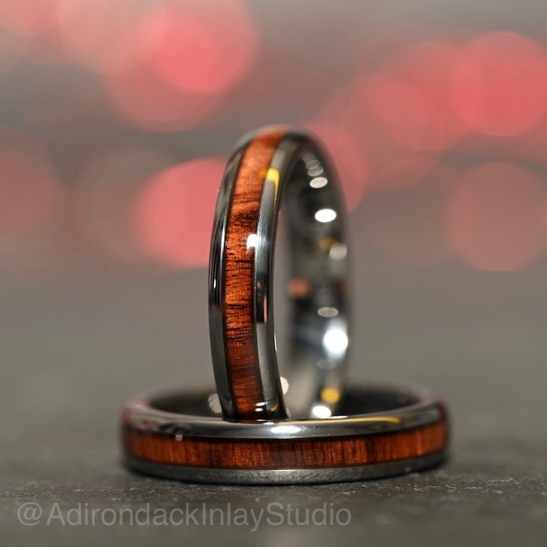 4mm Tungsten Ring, Koa Wood ring, Wood Inlay ring, wood band, nature inspired ring, Mens Wood Ring, Womans Wood Ring, Nature Wedding Band - Premium Custom Jewelry from Adirondack Inlay Studio LLC - Just $119! Shop now at Adirondack Inlay Studio LLC