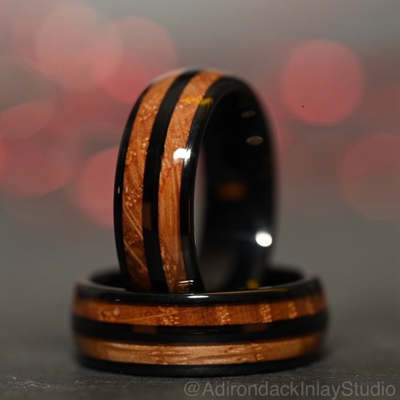 8mm Double Channel Black Tungsten Band, Whisky Wood Band, Whisky Barrel ring, Whisky Ring, Wood Inlay ring, wood band, Mens Ring, Womans Ring, Wood Wedding Band - Premium Custom Jewelry from Adirondack Inlay Studio LLC - Just $119! Shop now at Adirondack Inlay Studio LLC