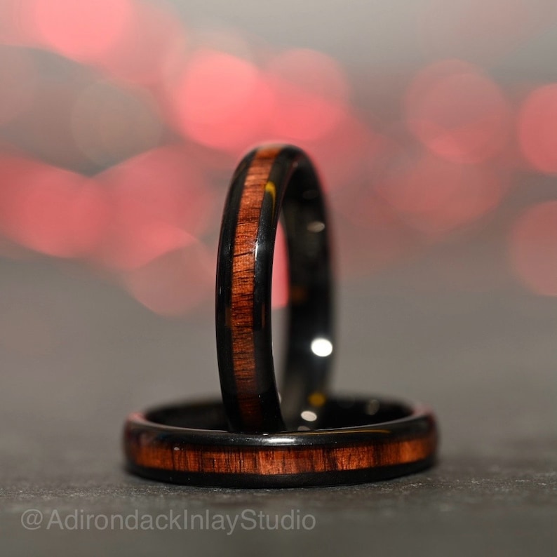 4mm Black Tungsten Ring, Koa Wood ring, Wood Inlay ring, wood band, nature inspired ring, Mens Wood Ring, Womans Wood Ring, Alternative Wedding Band - Premium Custom Jewelry from Adirondack Inlay Studio LLC - Just $119! Shop now at Adirondack Inlay Studio LLC