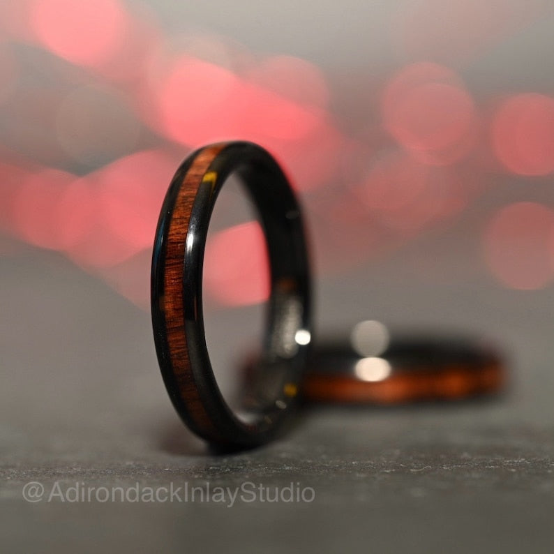 4mm Black Tungsten Ring, Koa Wood ring, Wood Inlay ring, wood band, nature inspired ring, Mens Wood Ring, Womans Wood Ring, Alternative Wedding Band - Premium Custom Jewelry from Adirondack Inlay Studio LLC - Just $119! Shop now at Adirondack Inlay Studio LLC