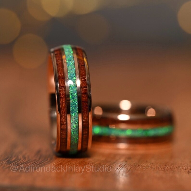 8mm Koa Wood and Opal Ring, Fire Opal Ring, Tungsten Rose Gold Ring, mens promise ring, mens ring, Mens wedding Ring, Wood wedding band - Premium Custom Jewelry from Adirondack Inlay Studio LLC - Just $119! Shop now at Adirondack Inlay Studio LLC