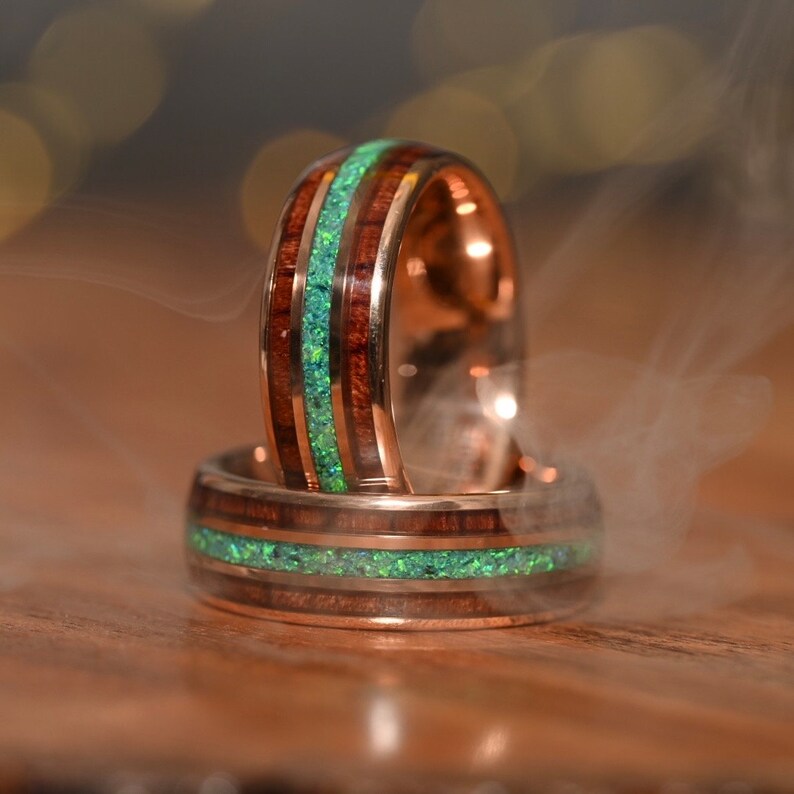 8mm Koa Wood and Opal Ring, Fire Opal Ring, Tungsten Rose Gold Ring, mens promise ring, mens ring, Mens wedding Ring, Wood wedding band - Premium Custom Jewelry from Adirondack Inlay Studio LLC - Just $119! Shop now at Adirondack Inlay Studio LLC
