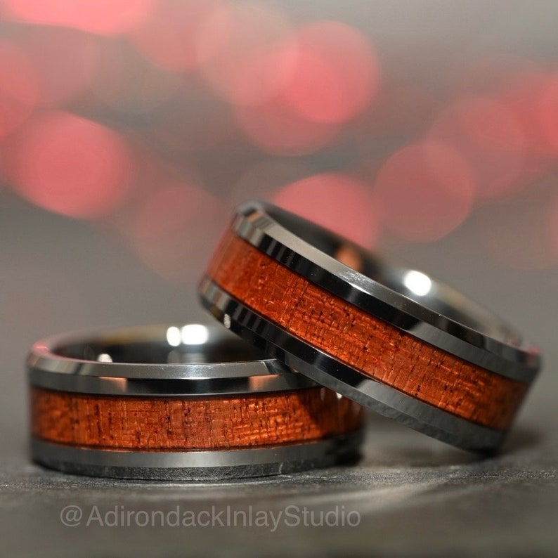 8mm Tungsten Band, Koa Wood ring, Wood Inlay ring, wood band, nature inspired ring, Mens wood ring, Womans wood Ring, Wood Wedding Band - Premium Custom Jewelry from Adirondack Inlay Studio LLC - Just $119! Shop now at Adirondack Inlay Studio LLC