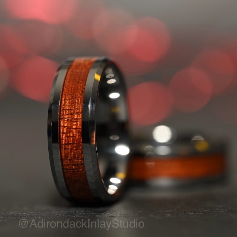 8mm Tungsten Band, Koa Wood ring, Wood Inlay ring, wood band, nature inspired ring, Mens wood ring, Womans wood Ring, Wood Wedding Band - Premium Custom Jewelry from Adirondack Inlay Studio LLC - Just $119! Shop now at Adirondack Inlay Studio LLC