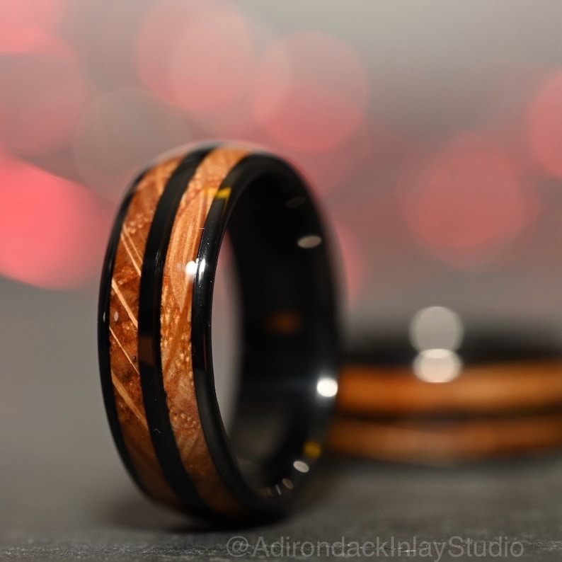 8mm Double Channel Black Tungsten Band, Whisky Wood Band, Whisky Barrel ring, Whisky Ring, Wood Inlay ring, wood band, Mens Ring, Womans Ring, Wood Wedding Band - Premium Custom Jewelry from Adirondack Inlay Studio LLC - Just $119! Shop now at Adirondack Inlay Studio LLC