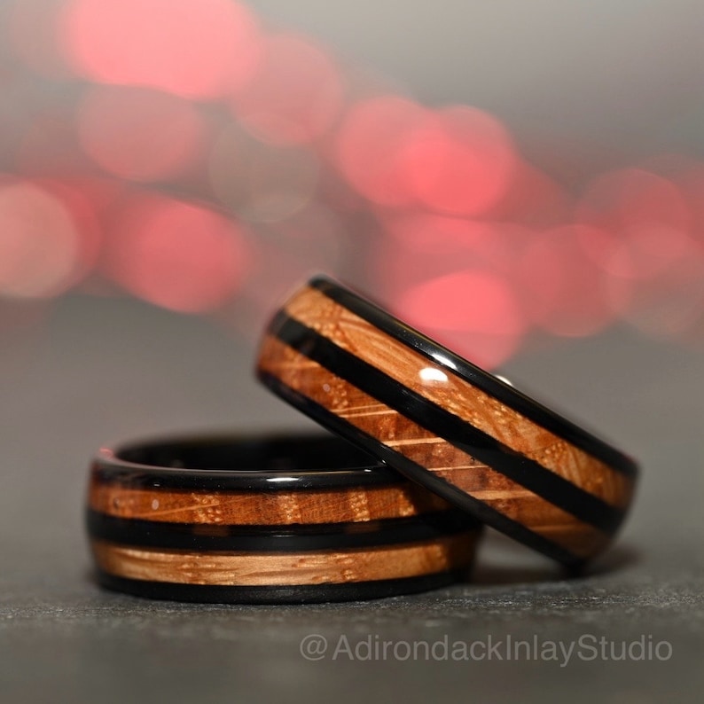 8mm Double Channel Black Tungsten Band, Whisky Wood Band, Whisky Barrel ring, Whisky Ring, Wood Inlay ring, wood band, Mens Ring, Womans Ring, Wood Wedding Band - Premium Custom Jewelry from Adirondack Inlay Studio LLC - Just $119! Shop now at Adirondack Inlay Studio LLC