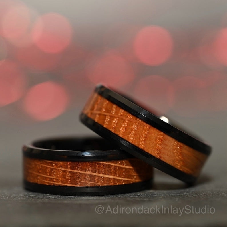 8mm Black Tungsten Band, Whisky Wood Band, Whisky Barrel ring, Whisky Stave Band, Wood Inlay ring, wood band, Mens wood ring, Womans wood Ring, Wood Wedding Band - Premium Custom Jewelry from Adirondack Inlay Studio LLC - Just $119! Shop now at Adirondack Inlay Studio LLC