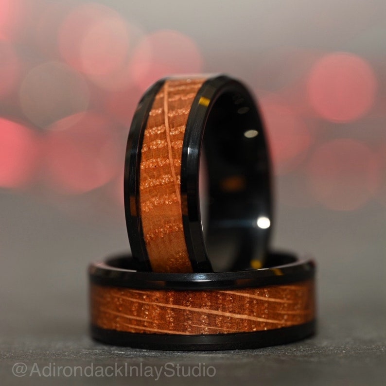 8mm Black Tungsten Band, Whisky Wood Band, Whisky Barrel ring, Whisky Stave Band, Wood Inlay ring, wood band, Mens wood ring, Womans wood Ring, Wood Wedding Band - Premium Custom Jewelry from Adirondack Inlay Studio LLC - Just $119! Shop now at Adirondack Inlay Studio LLC