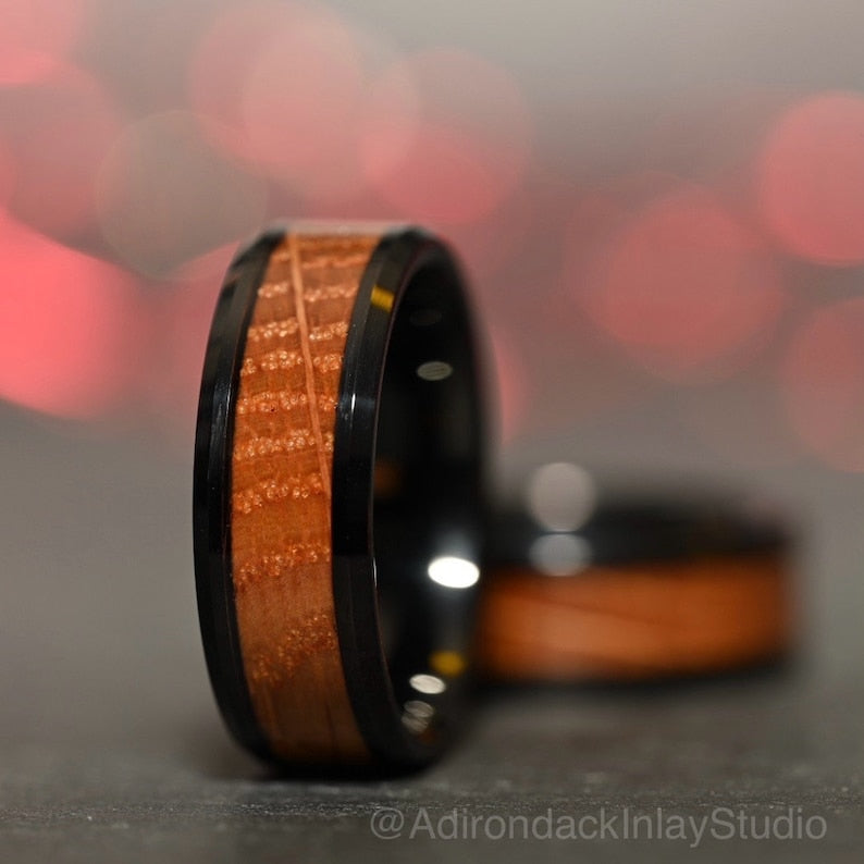 8mm Black Tungsten Band, Whisky Wood Band, Whisky Barrel ring, Whisky Stave Band, Wood Inlay ring, wood band, Mens wood ring, Womans wood Ring, Wood Wedding Band - Premium Custom Jewelry from Adirondack Inlay Studio LLC - Just $119! Shop now at Adirondack Inlay Studio LLC