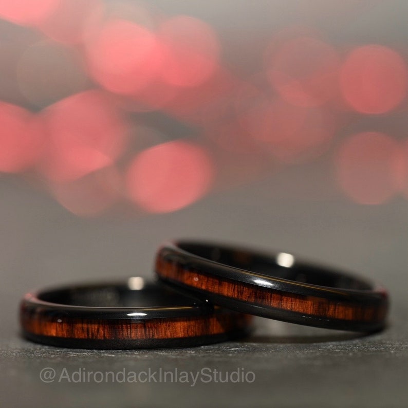 4mm Black Tungsten Ring, Koa Wood ring, Wood Inlay ring, wood band, nature inspired ring, Mens Wood Ring, Womans Wood Ring, Alternative Wedding Band - Premium Custom Jewelry from Adirondack Inlay Studio LLC - Just $119! Shop now at Adirondack Inlay Studio LLC