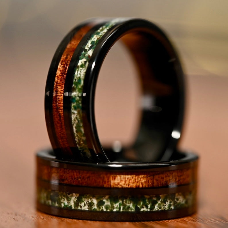 Black 8mm Double Channel Tungsten Band, Moss Agate and Wood Band, Moss Agate ring, Wood Ring, Gemstone Inlay ring, Wood band, Mens Ring, Womans Ring, Wedding Band - Premium Custom Jewelry from Adirondack Inlay Studio LLC - Just $119! Shop now at Adirondack Inlay Studio LLC