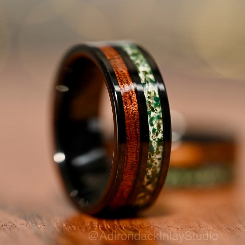 Black 8mm Double Channel Tungsten Band, Moss Agate and Wood Band, Moss Agate ring, Wood Ring, Gemstone Inlay ring, Wood band, Mens Ring, Womans Ring, Wedding Band - Premium Custom Jewelry from Adirondack Inlay Studio LLC - Just $119! Shop now at Adirondack Inlay Studio LLC