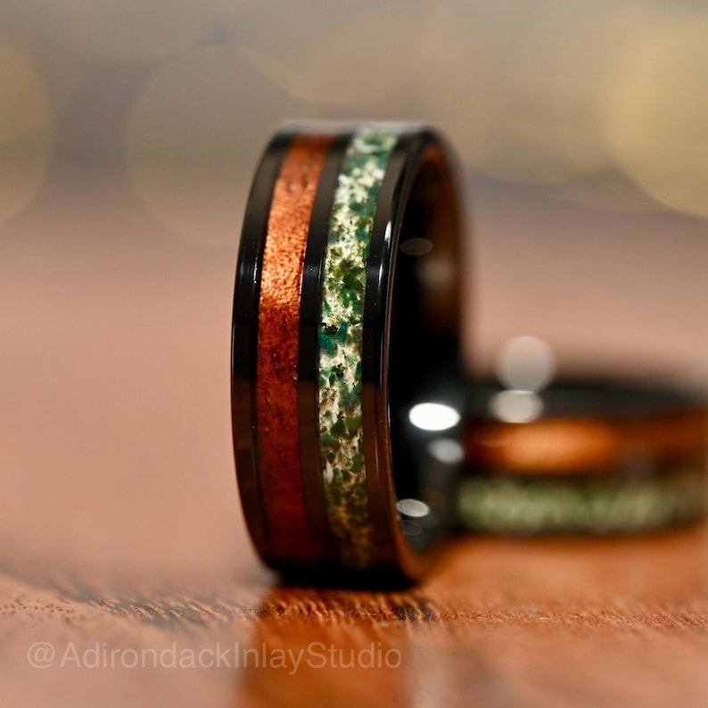 Black 8mm Double Channel Tungsten Band, Moss Agate and Wood Band, Moss Agate ring, Wood Ring, Gemstone Inlay ring, Wood band, Mens Ring, Womans Ring, Wedding Band - Premium Custom Jewelry from Adirondack Inlay Studio LLC - Just $119! Shop now at Adirondack Inlay Studio LLC