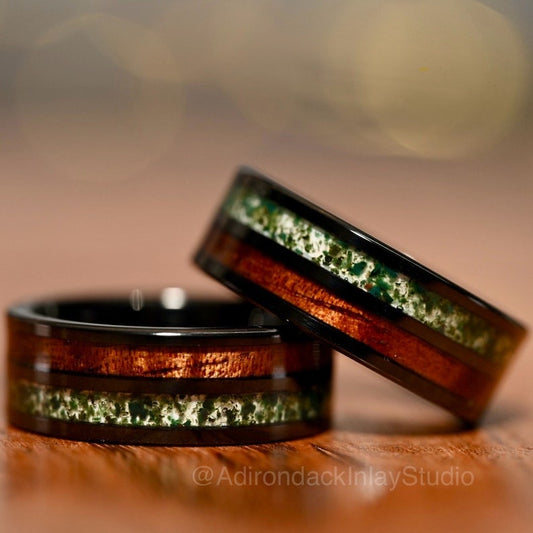Black 8mm Double Channel Tungsten Band, Moss Agate and Wood Band, Moss Agate ring, Wood Ring, Gemstone Inlay ring, Wood band, Mens Ring, Womans Ring, Wedding Band - Premium Custom Jewelry from Adirondack Inlay Studio LLC - Just $119! Shop now at Adirondack Inlay Studio LLC