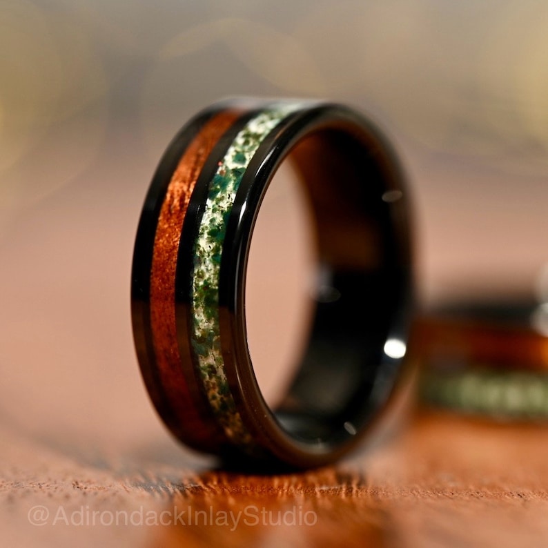 Black 8mm Double Channel Tungsten Band, Moss Agate and Wood Band, Moss Agate ring, Wood Ring, Gemstone Inlay ring, Wood band, Mens Ring, Womans Ring, Wedding Band - Premium Custom Jewelry from Adirondack Inlay Studio LLC - Just $119! Shop now at Adirondack Inlay Studio LLC