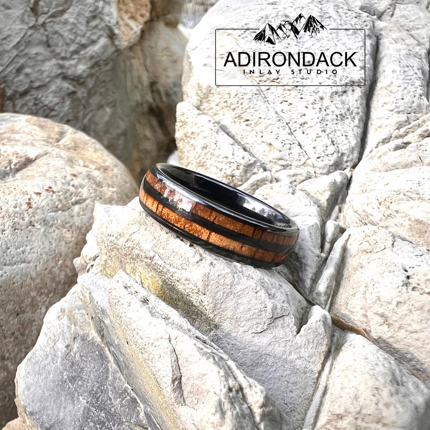 6mm Double Channel Black Zirconia Band, Koa Wood ring, Wood Inlay ring, wood band, nature inspired ring, Mens Wood Ring, Womans Wood Ring, Nature Wedding Band - Premium Custom Jewelry from Adirondack Inlay Studio LLC - Just $119! Shop now at Adirondack Inlay Studio LLC