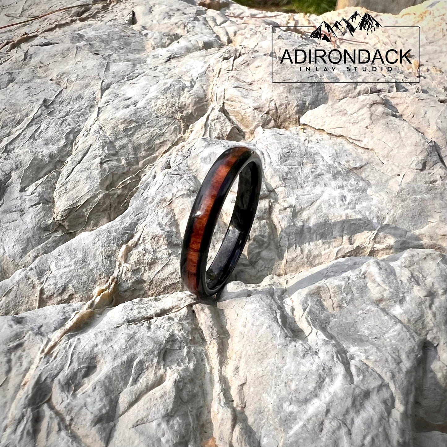 4mm Black Tungsten Ring, Koa Wood ring, Wood Inlay ring, wood band, nature inspired ring, Mens Wood Ring, Womans Wood Ring, Alternative Wedding Band - Premium Custom Jewelry from Adirondack Inlay Studio LLC - Just $119! Shop now at Adirondack Inlay Studio LLC