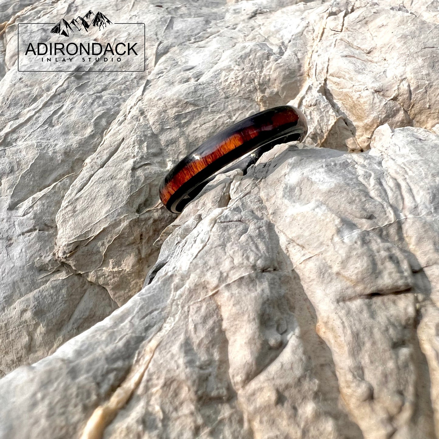4mm Black Tungsten Ring, Koa Wood ring, Wood Inlay ring, wood band, nature inspired ring, Mens Wood Ring, Womans Wood Ring, Alternative Wedding Band - Premium Custom Jewelry from Adirondack Inlay Studio LLC - Just $119! Shop now at Adirondack Inlay Studio LLC